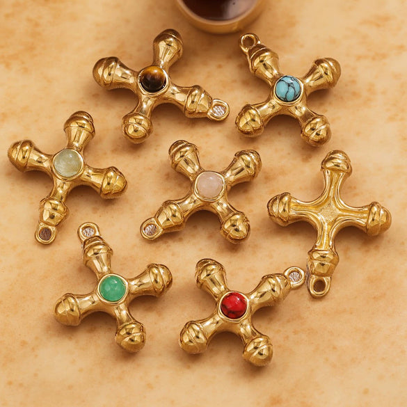 Stainless Steel Light Luxury Style Inlaid Natural Stone Cross Pendant Handmade Bracelet Necklace