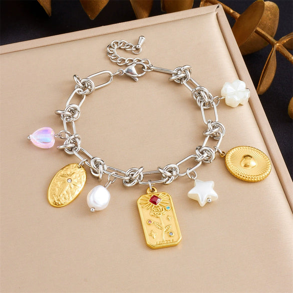 Stainless Steel Love Bow Round Plate Flower Pendant Stitching Electroplated Geometric And Heart Shape Women's Bracelet