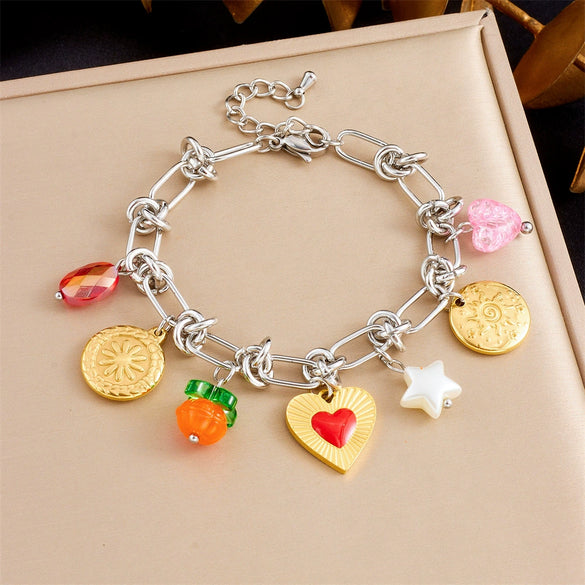 Stainless Steel Love Bow Round Plate Flower Pendant Stitching Electroplated Geometric And Heart Shape Women's Bracelet