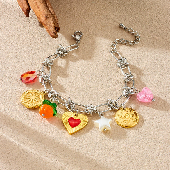 Stainless Steel Love Bow Round Plate Flower Pendant Stitching Electroplated Geometric And Heart Shape Women's Bracelet