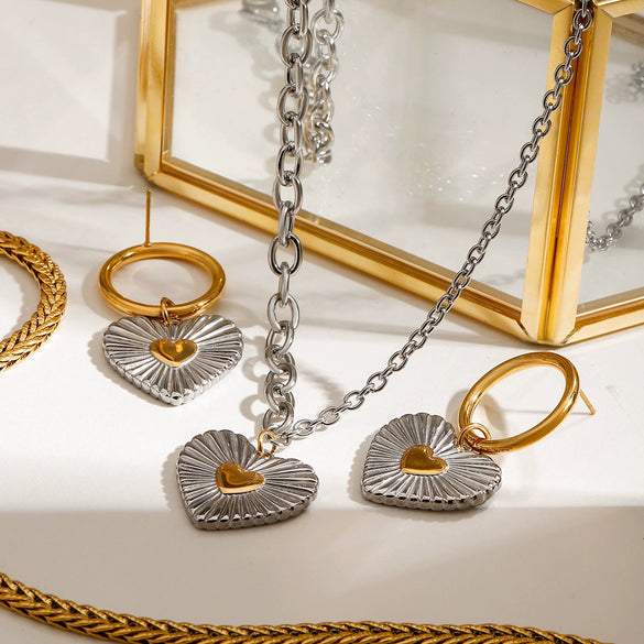 Stainless Steel Love Earrings Pendant Necklace Jewelry With Color Matching And Electroplating