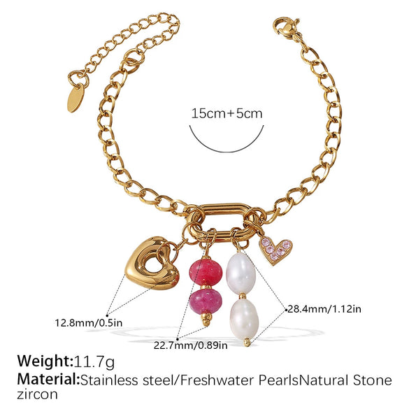 316L Stainless Steel Love Hollow Croissant Bracelet With Natural Stone Pearl Electroplating
