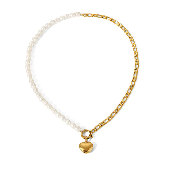 Stainless Steel Love Pendant Pearl Figaro Chain Women's Light Luxury Necklace With Geometric Pattern And Electroplating