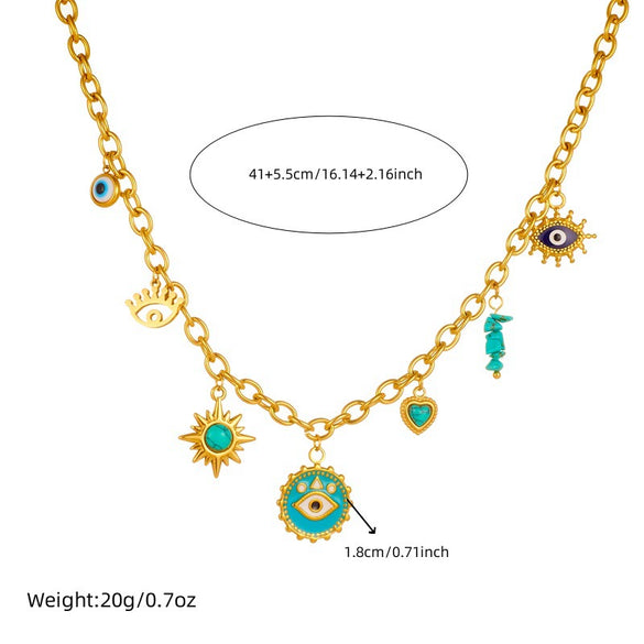 Stainless Steel Love Sun Mang Star Drop Oil Eyes Pendant Necklace With Heart Shape Pattern And Electroplating Process For Women