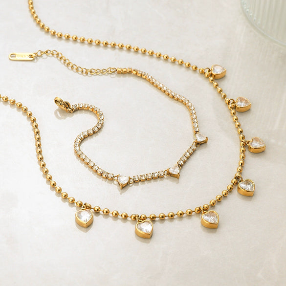 Stainless Steel Love Zircon Electroplated Bracelet And Necklace With Heart Water Drop Bell Patterns For Women