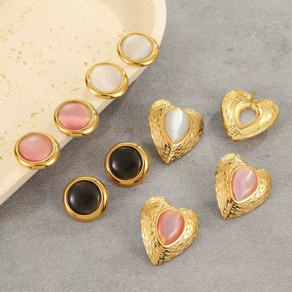 Stainless Steel Loveshaped Geometric Earrings And Open Rings Electroplated Fashion Jewelry For Women