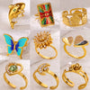 Stainless Steel Luxury Women's Ring With Colorful Enamel Sunflower And Drop Shape Electroplated