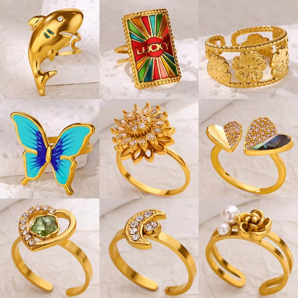 Stainless Steel Luxury Women's Ring With Colorful Enamel Sunflower And Drop Shape Electroplated