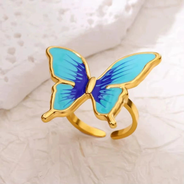 Stainless Steel Luxury Women's Ring With Colorful Enamel Sunflower And Drop Shape Electroplated