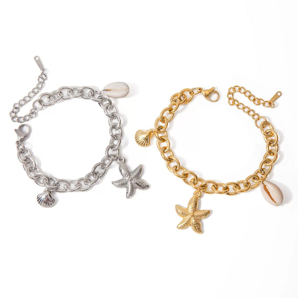 Stainless Steel Marine Animals Style Jewelry With Electroplating Starfish Shell Conch Bracelet Necklace