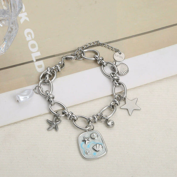 Stainless Steel Marine Element Shell Starfish Pearl Pendant Bracelet Electroplated Retro Literary Fashion