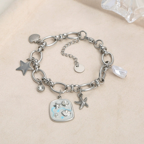 Stainless Steel Marine Element Shell Starfish Pearl Pendant Bracelet Electroplated Retro Literary Fashion