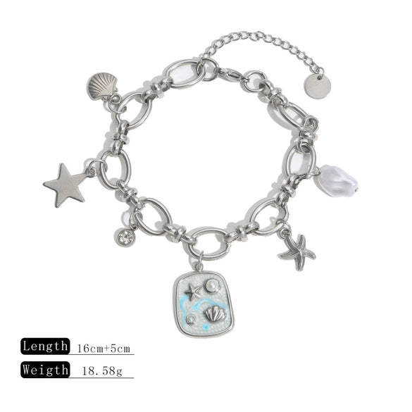 Stainless Steel Marine Element Shell Starfish Pearl Pendant Bracelet Electroplated Retro Literary Fashion
