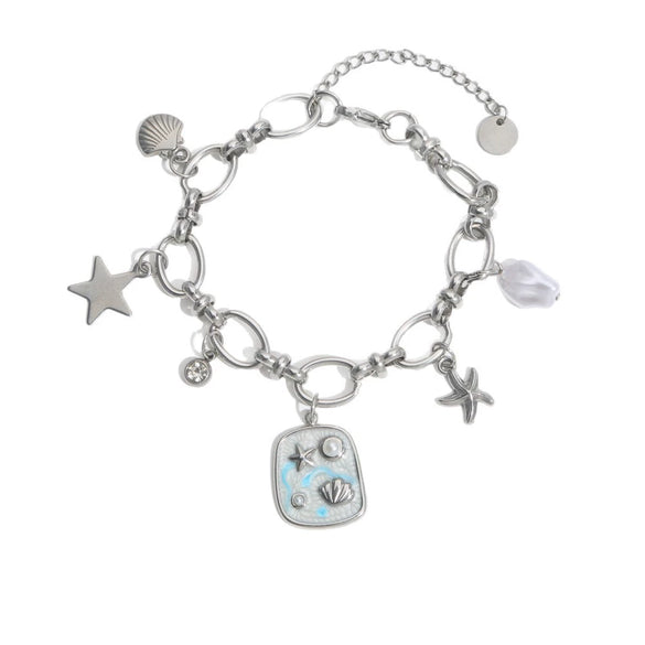 Stainless Steel Marine Element Shell Starfish Pearl Pendant Bracelet Electroplated Retro Literary Fashion
