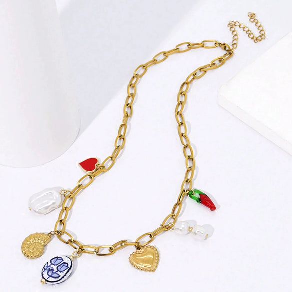 Stainless Steel Marine Style Heart Shape Electroplated Pendant Necklace Jewelry