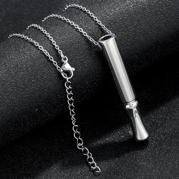 Stainless Steel Meditation Whistle Cylinder Pendant Necklace With Cross Chain And Polishing Treatment