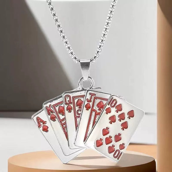 Stainless Steel Men's Hip Hop Playing Card Flush Pendant With Alloy Pendant And Woolen Chain Electroplated Trendy Necklace Jewelry