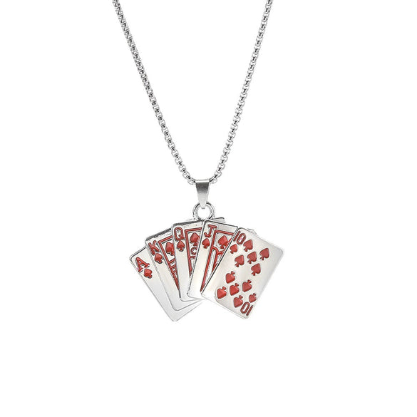 Stainless Steel Men's Hip Hop Playing Card Flush Pendant With Alloy Pendant And Woolen Chain Electroplated Trendy Necklace Jewelry