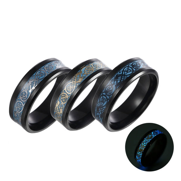 Stainless Steel Men's Rings With Dragon And Zodiac Pattern Luminous Colors Popular Jewelry