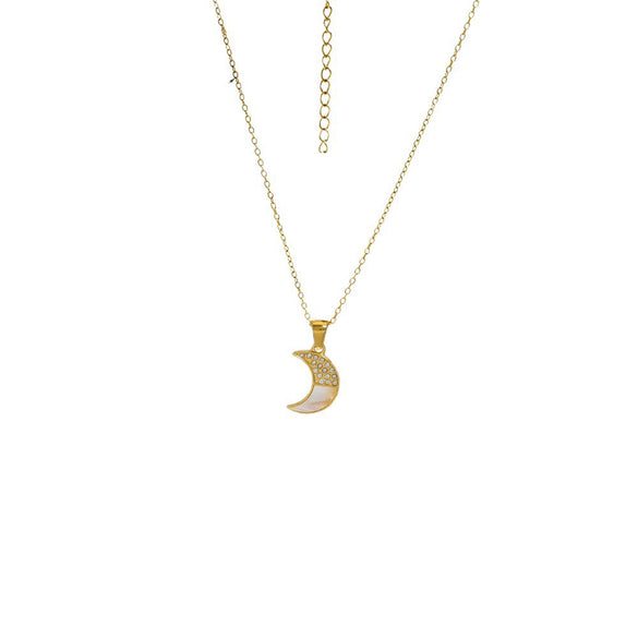 Stainless Steel Micropaved Zircon Moon Pendant Necklace Electroplating Highend Minimalist Women's O Word Chain