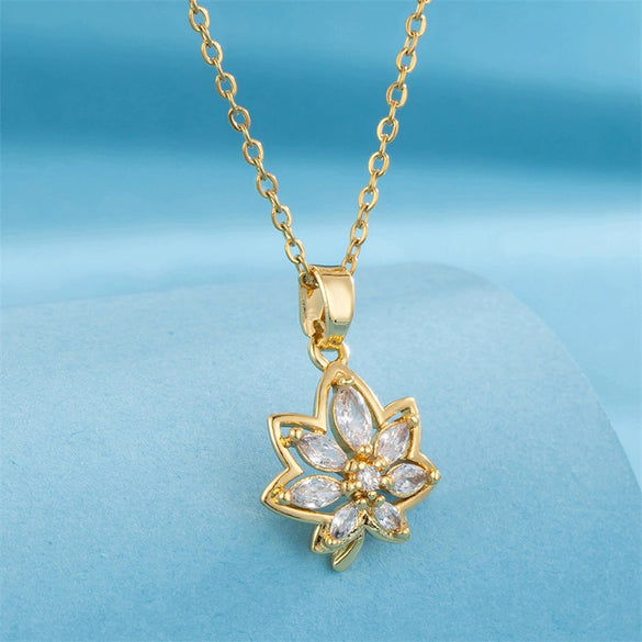 Stainless Steel Mixed Gem Inlaid Flower Style Electroplated Pendant Necklace For Women