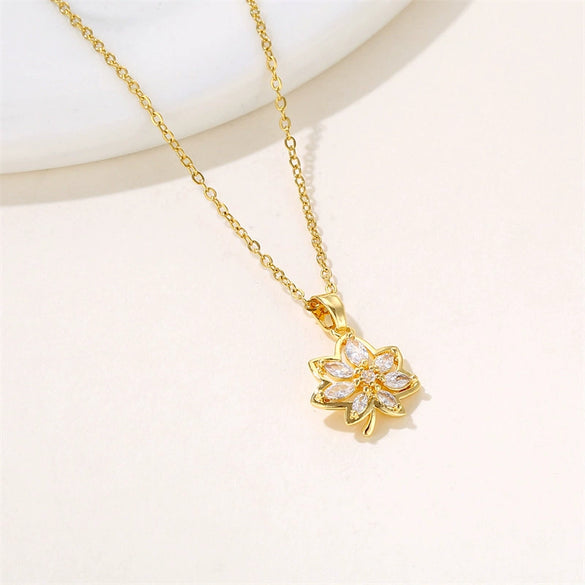 Stainless Steel Mixed Gem Inlaid Flower Style Electroplated Pendant Necklace For Women
