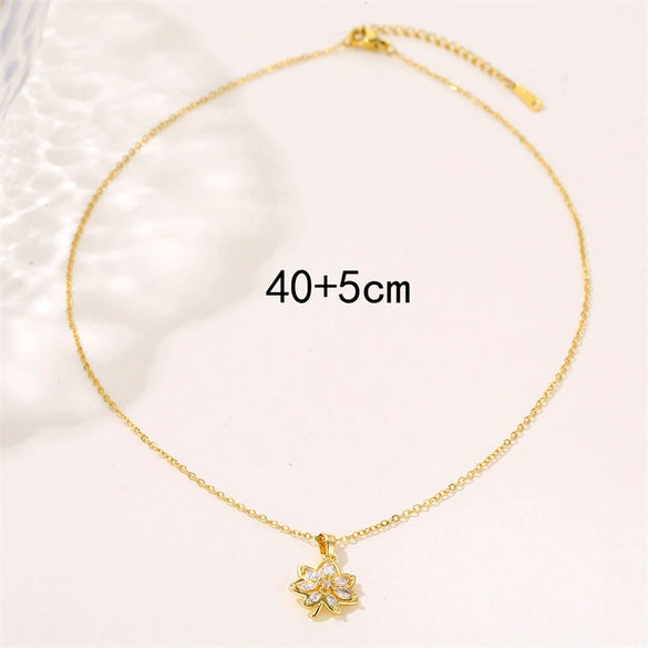 Stainless Steel Mixed Gem Inlaid Flower Style Electroplated Pendant Necklace For Women