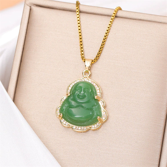 Stainless Steel Mixed Gem Inlay Maitreya Buddha Pendant Necklace With Electroplating