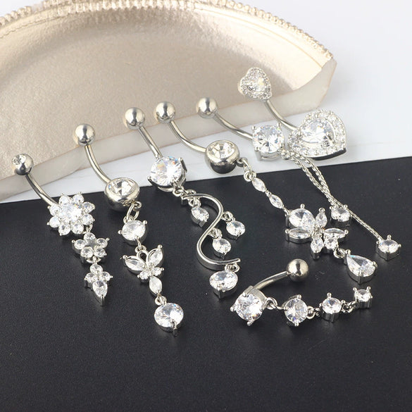Stainless Steel Mixed Zircon Navel Ring Set With Heart Pattern And Cartoon Style For Body Piercing