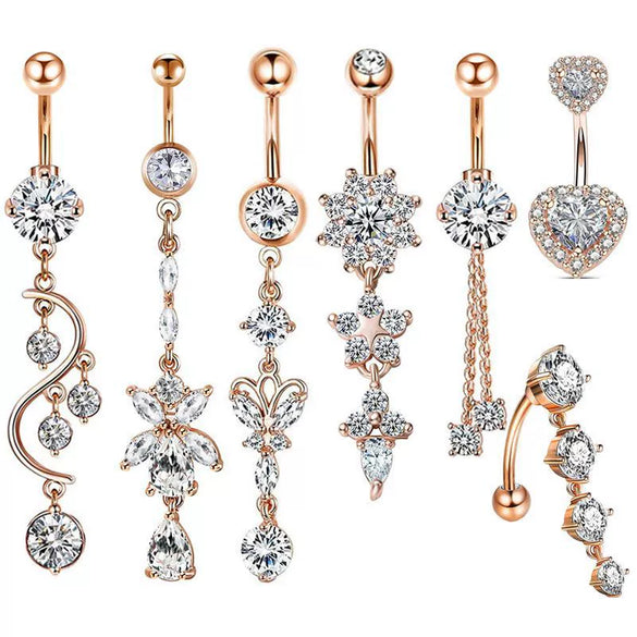 Stainless Steel Mixed Zircon Navel Ring Set With Heart Pattern And Cartoon Style For Body Piercing