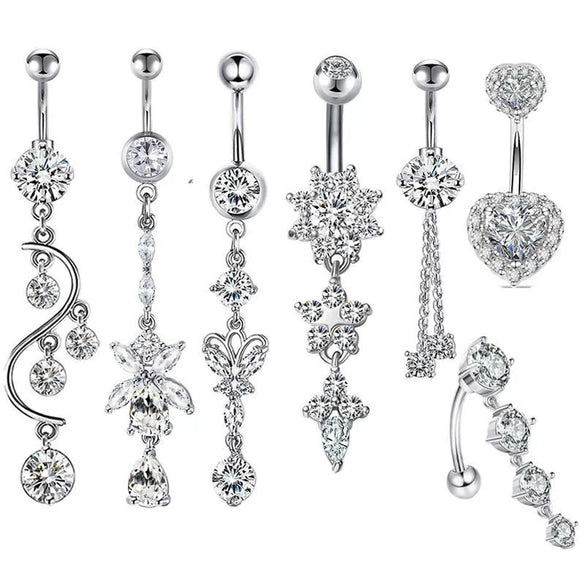 Stainless Steel Mixed Zircon Navel Ring Set With Heart Pattern And Cartoon Style For Body Piercing