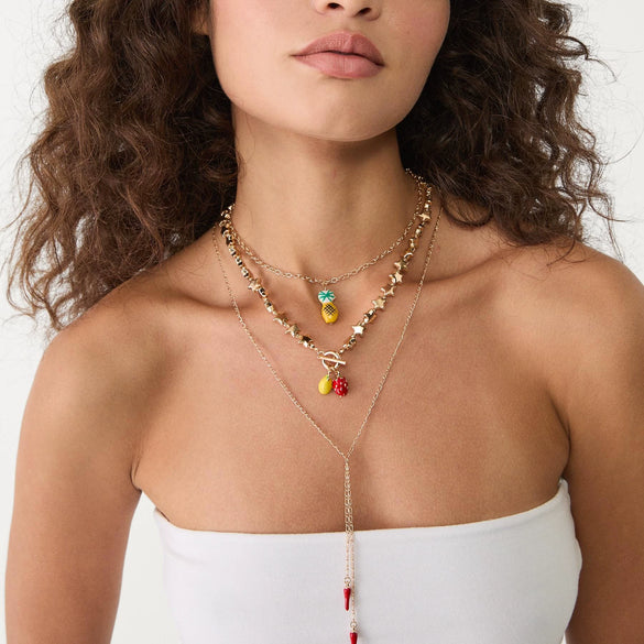 Stainless Steel Multipendant Necklace With Heart Strawberry Pepper Watermelon Dice Star Shapes Electroplated