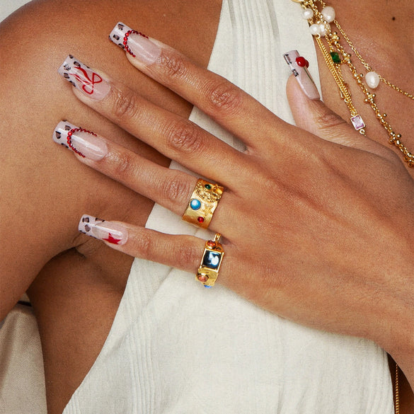 Stainless Steel Natural And Synthetic Stone Ring With Geometric Star Moon Pattern And Electroplating For Women