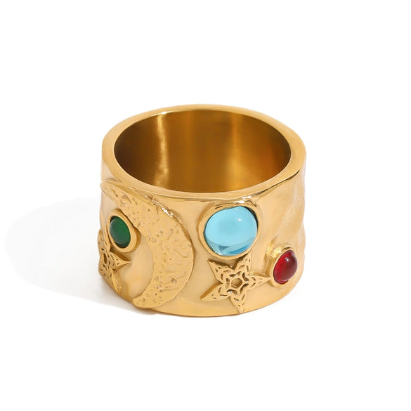 Stainless Steel Natural And Synthetic Stone Ring With Geometric Star Moon Pattern And Electroplating For Women