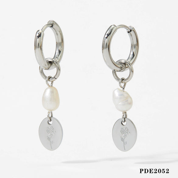 Stainless Steel Natural Pearl Geometric Pendant Earrings Electroplated For Girls Simple High End Fashion