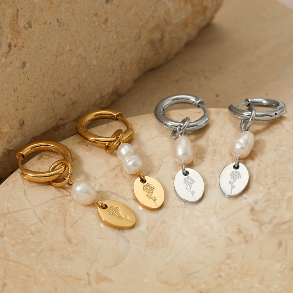Stainless Steel Natural Pearl Geometric Pendant Earrings Electroplated For Girls Simple High End Fashion