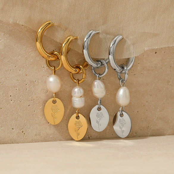 Stainless Steel Natural Pearl Geometric Pendant Earrings Electroplated For Girls Simple High End Fashion