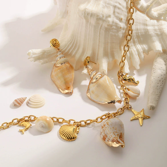 Stainless Steel Natural Shell Conch Earrings And Necklace Electroplating Style