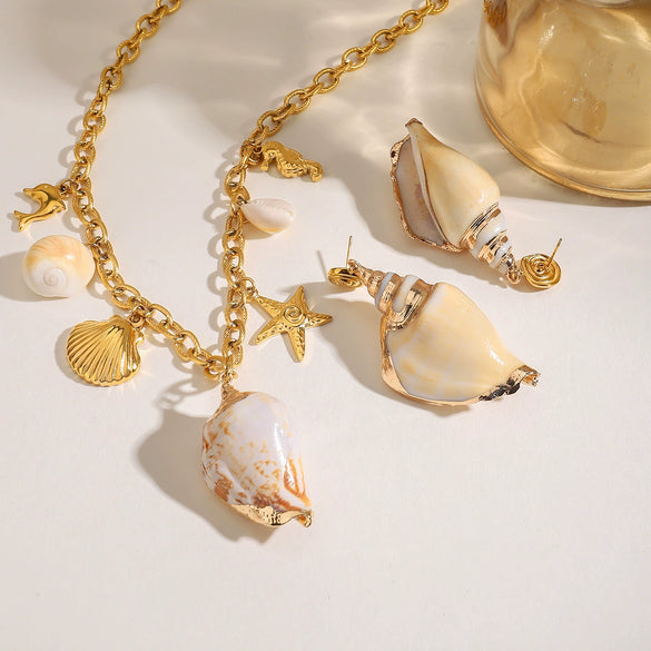 Stainless Steel Natural Shell Conch Earrings And Necklace Electroplating Style