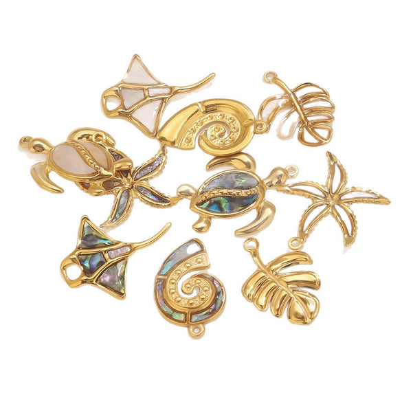 Stainless Steel Natural Shellfish Turtle Starfish Conch Jewelry Diy Pendant Accessories With Electroplating And Totem Pattern