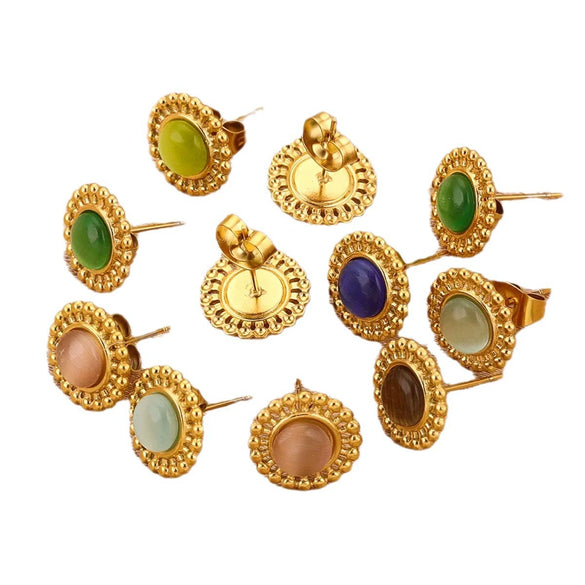Stainless Steel Natural Stone Geometric Stud Earrings With Electroplating