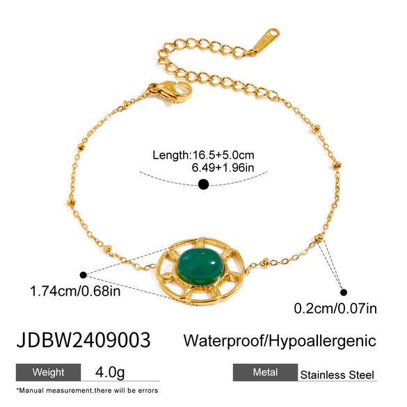 Stainless Steel Natural Stone Green Agate Hollow Geometric Pendant Bracelet With Electroplating For Women