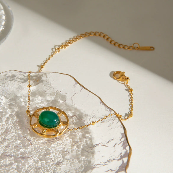 Stainless Steel Natural Stone Green Agate Hollow Geometric Pendant Bracelet With Electroplating For Women