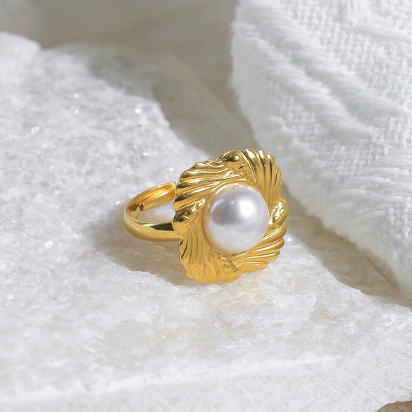 Stainless Steel Natural Stone Inset Square Open Ring Electroplated Fashionable Unisex