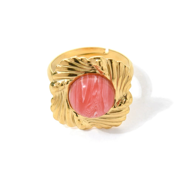 Stainless Steel Natural Stone Inset Square Open Ring Electroplated Fashionable Unisex
