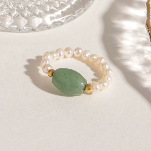 Stainless Steel Natural Stone Pearl Geometric Finger Ring With Electroplating