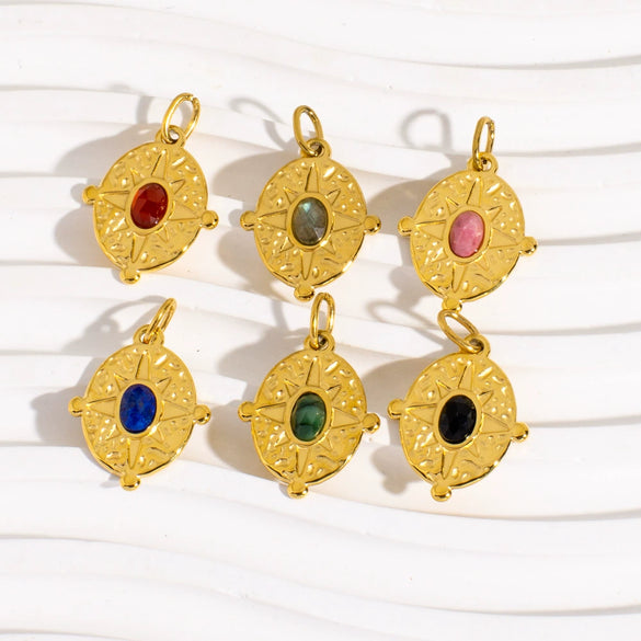 Stainless Steel Natural Stone Pendant Jewelry With Geometric Style Electroplated Pleated Oval And Star Shapes
