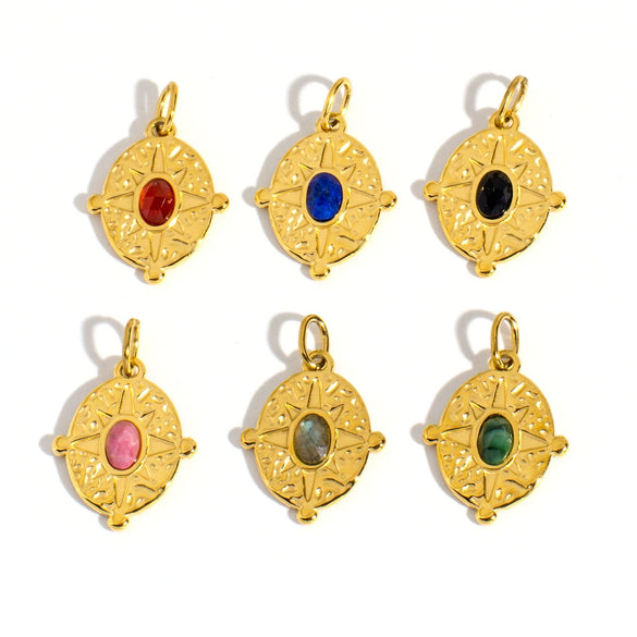 Stainless Steel Natural Stone Pendant Jewelry With Geometric Style Electroplated Pleated Oval And Star Shapes