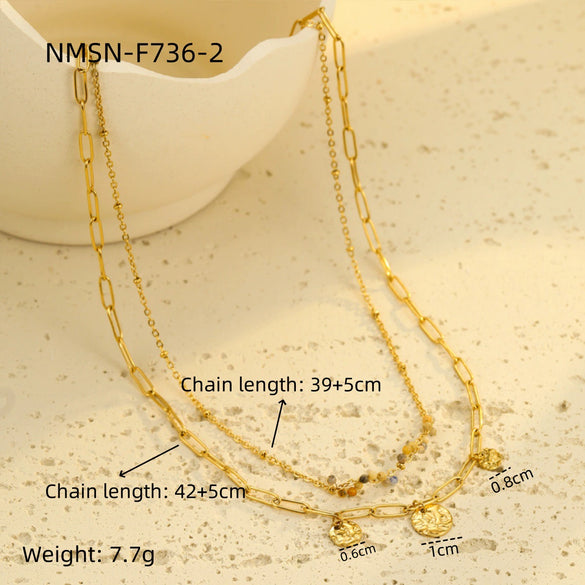 Stainless Steel Natural Stone Pendant Necklace Bracelet Set For Women With Electroplating And Stacked Design