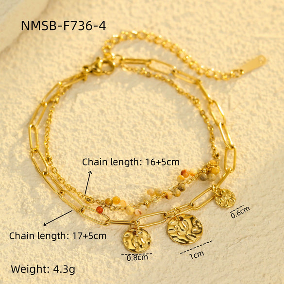 Stainless Steel Natural Stone Pendant Necklace Bracelet Set For Women With Electroplating And Stacked Design